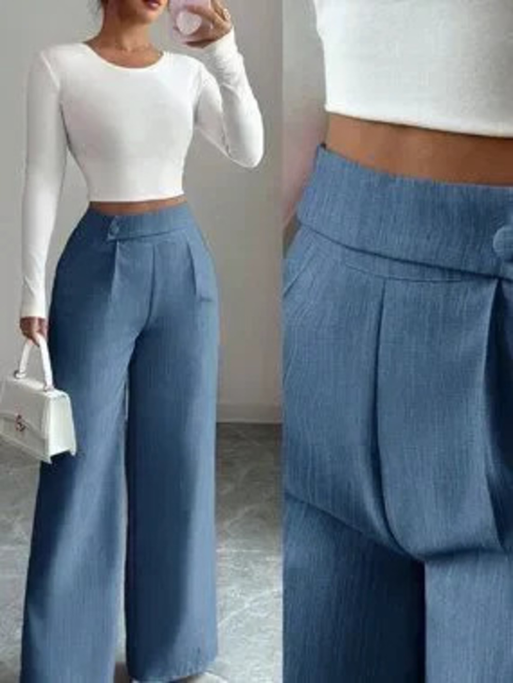 blue Casual Women's Work Office Loose Flowy Straight Leg Pants